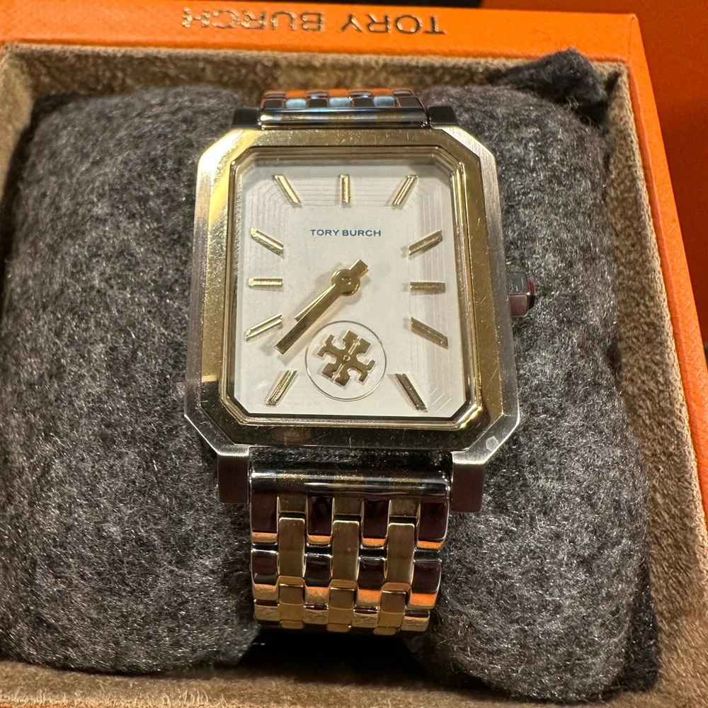 Tory Burch Silver-Tone Stainless Steel Logo Bracelet Watch